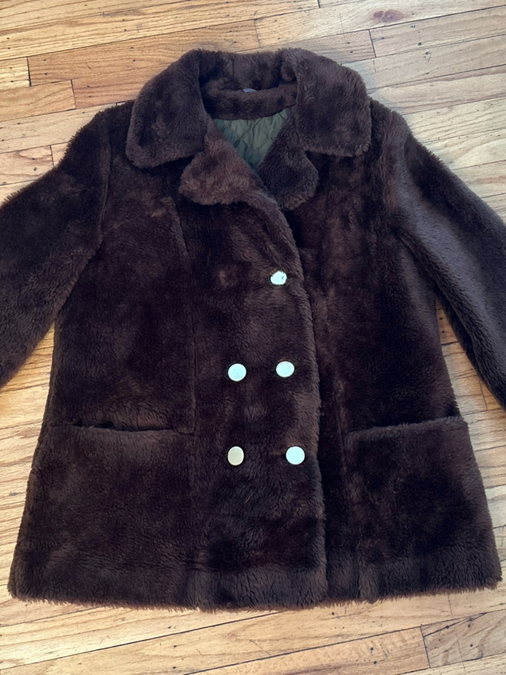 VTG Sears The Fashion Place Chocolate Brown Faux Fur Teddy Bear Coat Plush Sz 18